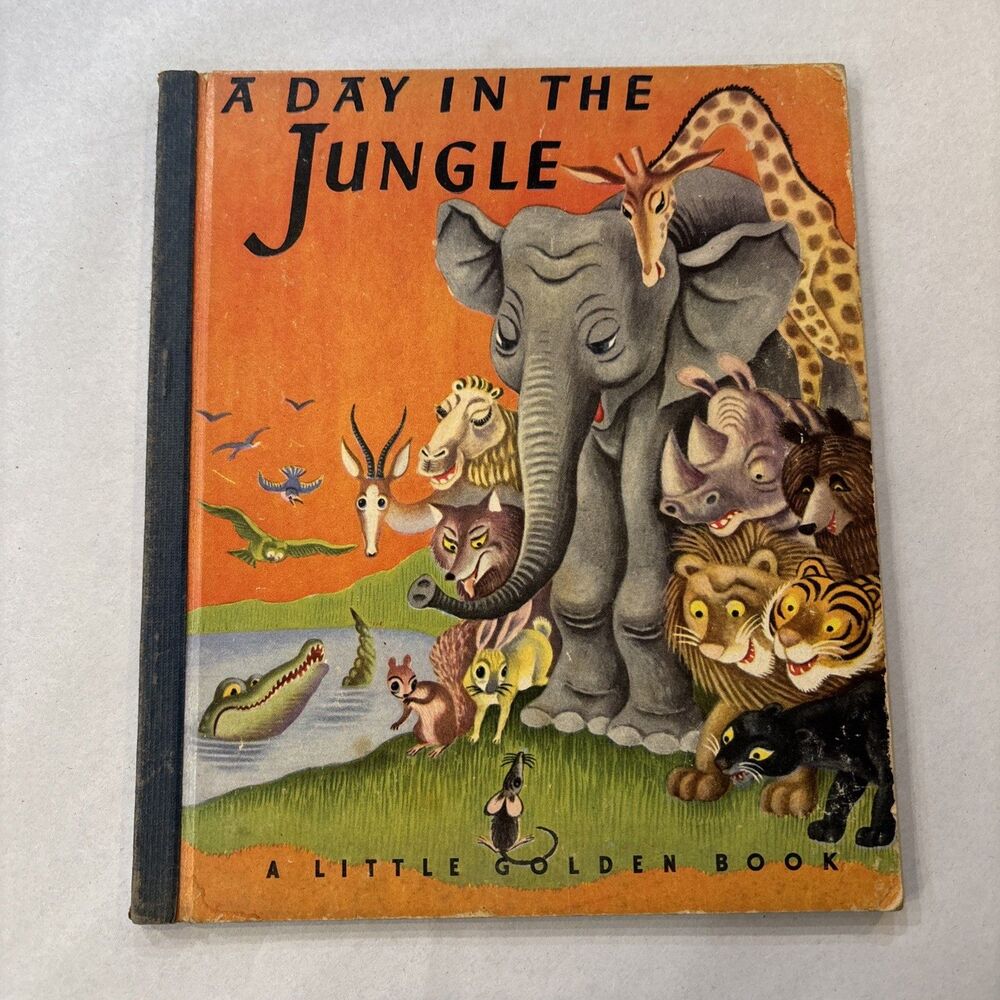 A Day In The Jungle - A Little Golden Book - 1945 3rd Print Dk Gray Binding VTG